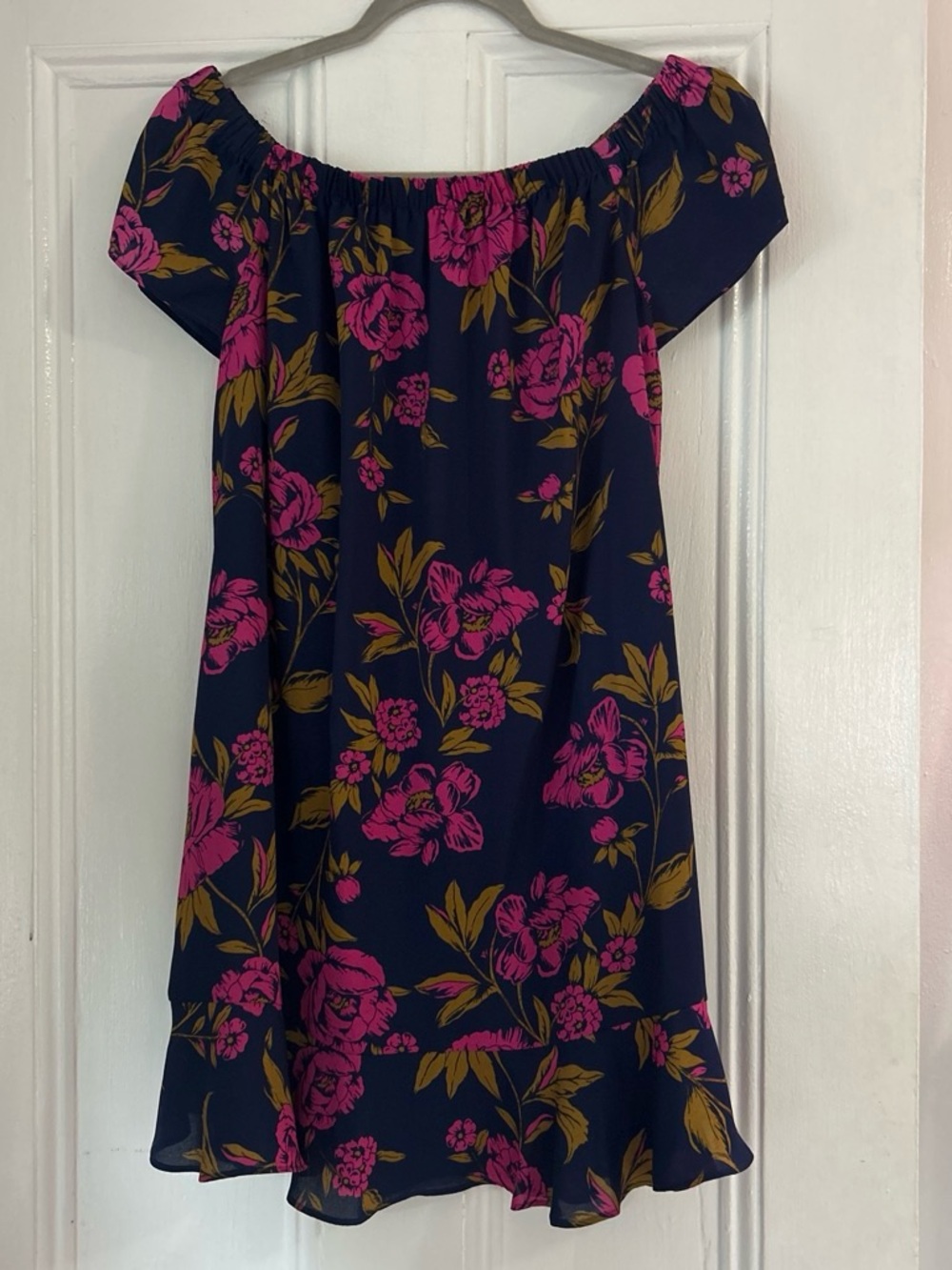 Express Navy Off-Shoulder Dress with Pink Floral and Mustard Leaves